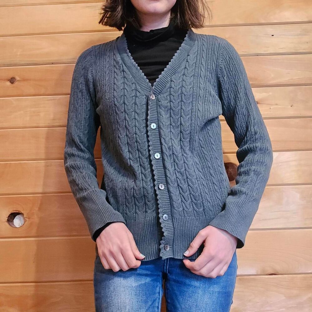 Eddie Bauer Embroidered Scallop Ruffle Knit Button Front Cardigan Sweater Medium